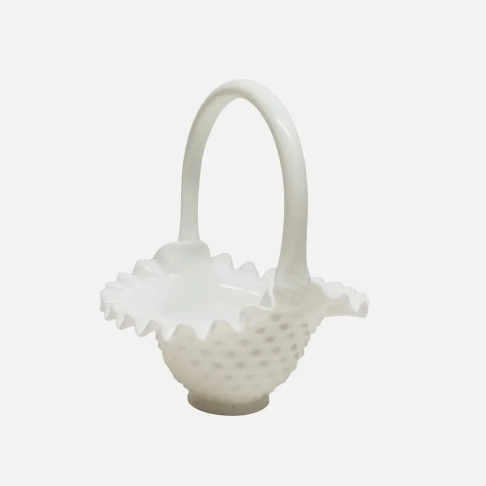 Vintage Granny Chic FENTON Milk Glass Hobnail Cottage Decor Shabby Chic Basket